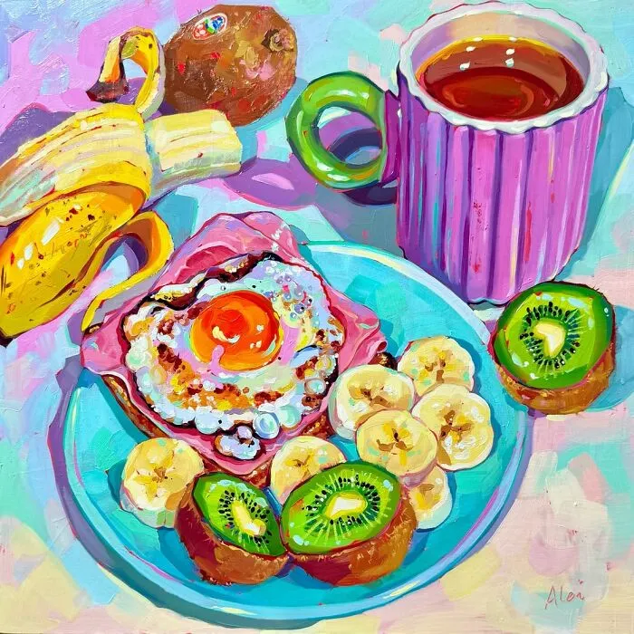 Colorful breakfast plate with egg, banana, kiwi, and tea, Alai Paintings