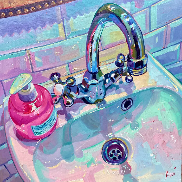 Still life bathroom sink with bright pink soap bottle from Alai Paintings.