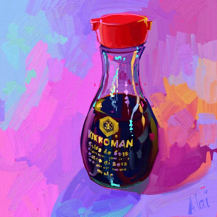 A vibrant Alai Paintings still life of a soy sauce bottle against a purple and pink background