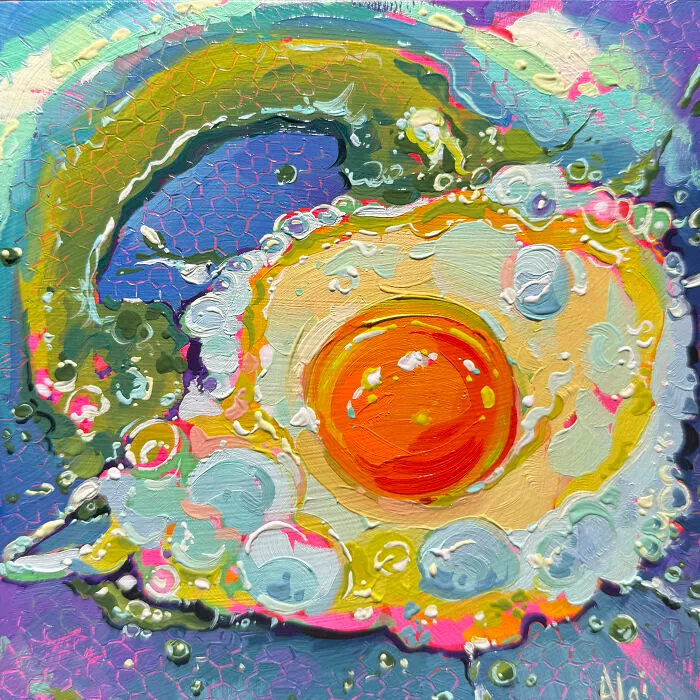 Colorful Alai Paintings art depicting a fried egg with vibrant yellow and blue brushstrokes