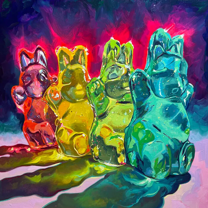A row of colorful gummy bear figures in a signature Alai Paintings style