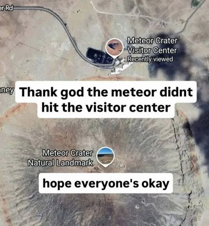 Satellite view of Meteor Crater area with text about meteor and visitor center