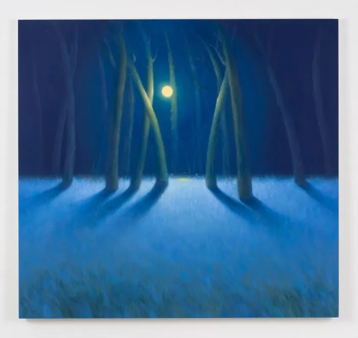 Sarah Lee painting of moonlight shining through tall trees casting shadows on blue grass