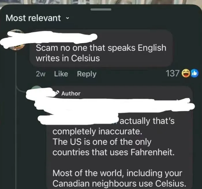 Facebook comment arguing that English speakers do not use Celsius, showing a lack of knowledge about global measurement systems.