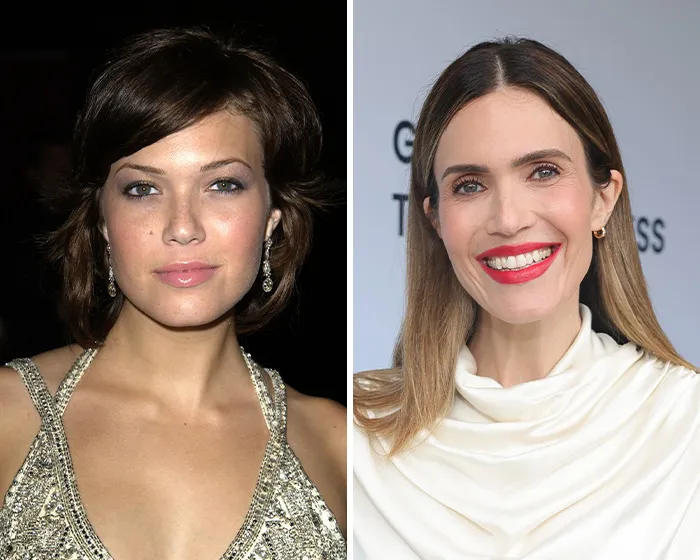 Before and after photos of Mandy Moore showing potential blepharoplasty plastic surgery results.