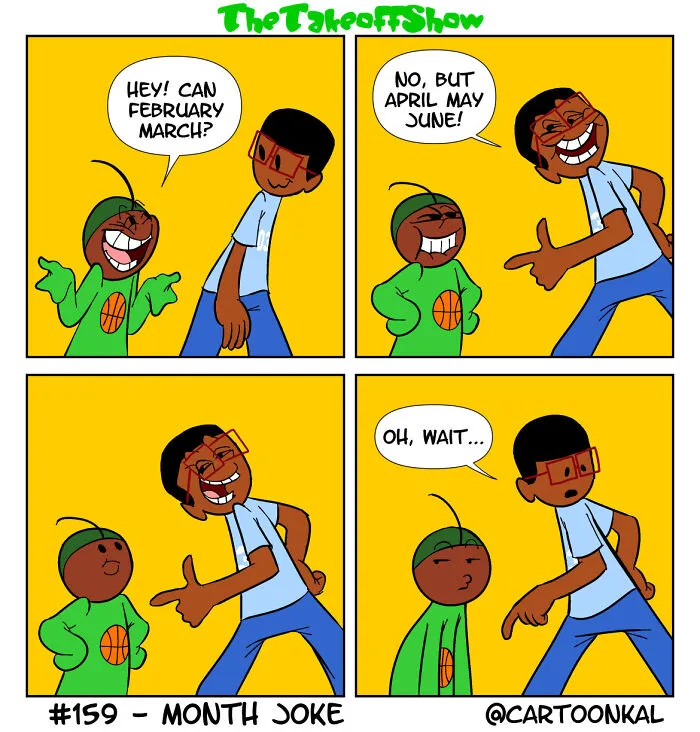 A funny Mikal Malik comic strip where characters share a month-themed dad joke that falls flat.