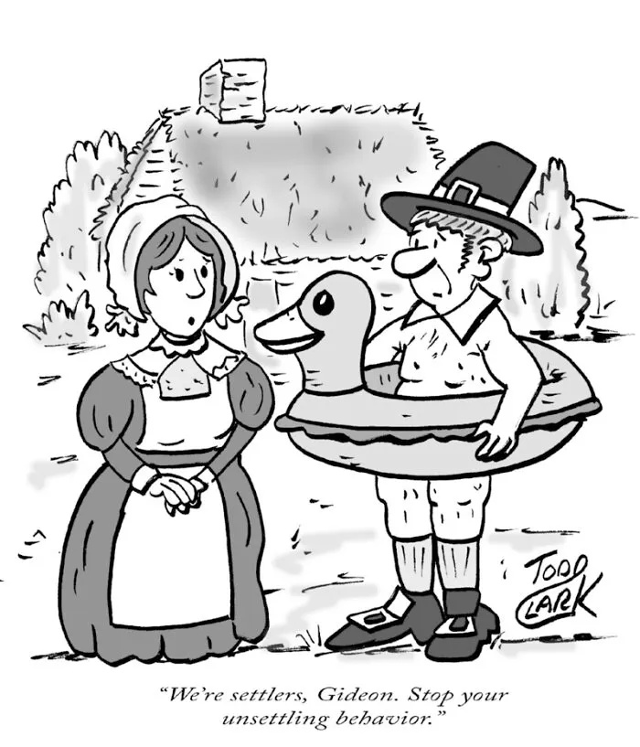 A pilgrim wearing a duck floaty standing with a woman in a satirical comic.