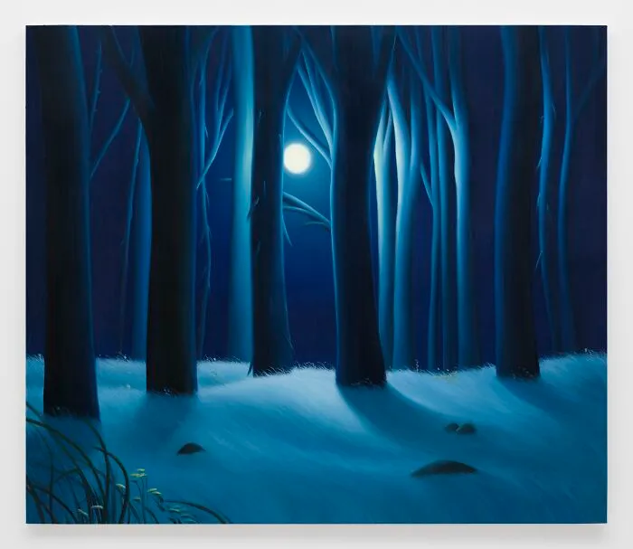Nighttime forest with bright moonlight and dark tree trunks by Sarah Lee