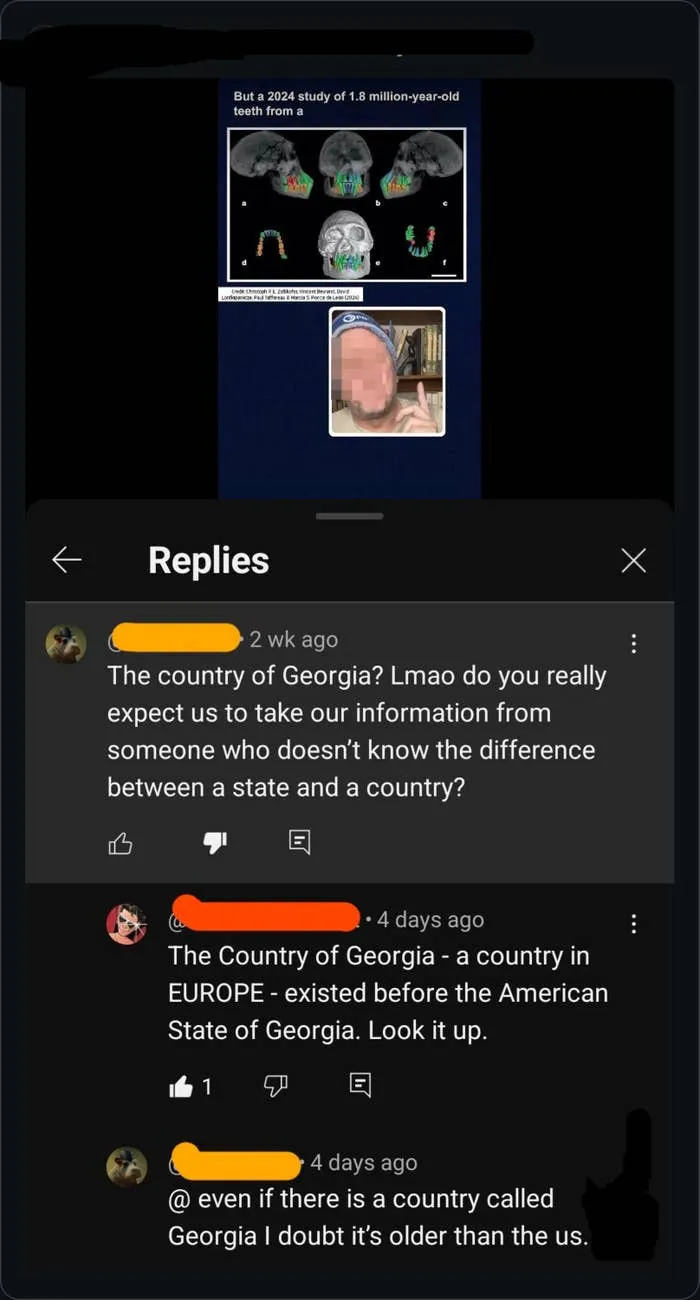 Online thread showing Americans discussing geography and freedom of speech examples.