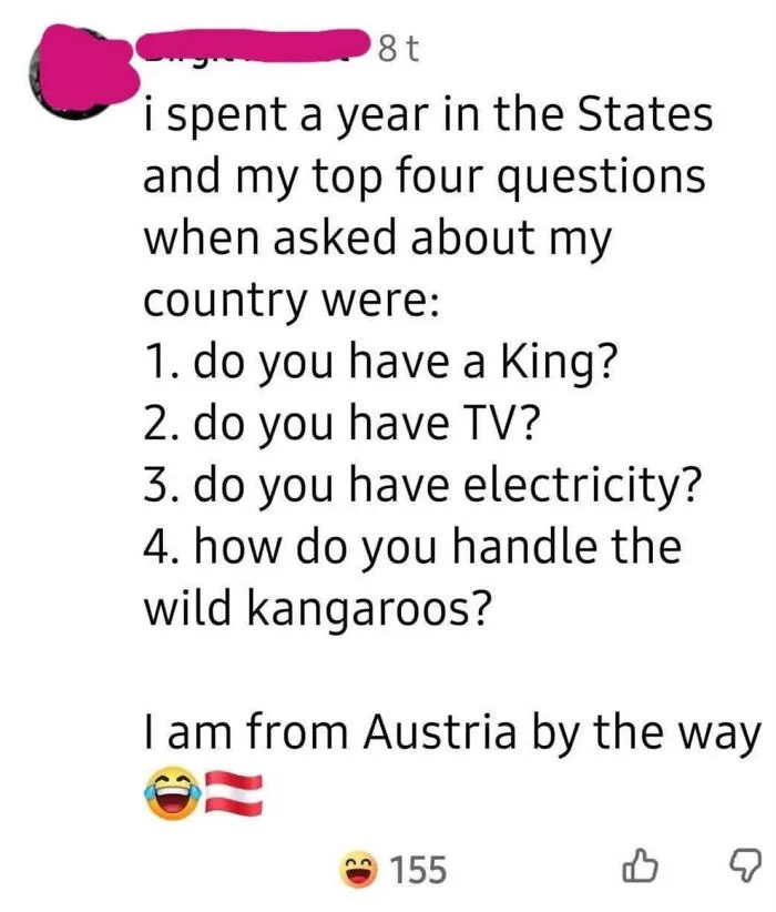 Post about silly questions asked to an Austrian in the US, highlighting Freedom Of Speech mishaps.