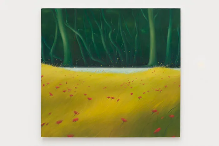 Sarah Lee artwork of bright yellow field with red flowers near dark forest
