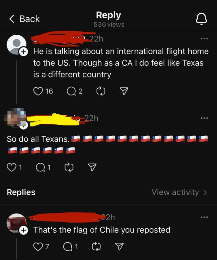 Social media thread where a user mistakes the Chilean flag for the Texas state flag.