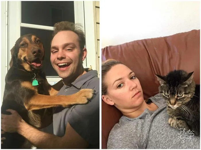 Side-by-side comparison of a happy man with a dog versus a woman with an unamused cat, a funny family photo with cats.