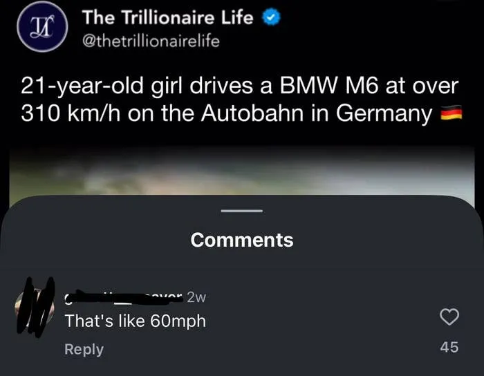 A comment claiming 310 km/h is 60mph showing a funny misuse of freedom of speech.