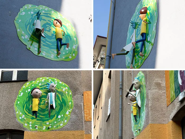 Rick and Morty peek from a green portal on city streets, created by a creative art collective.
