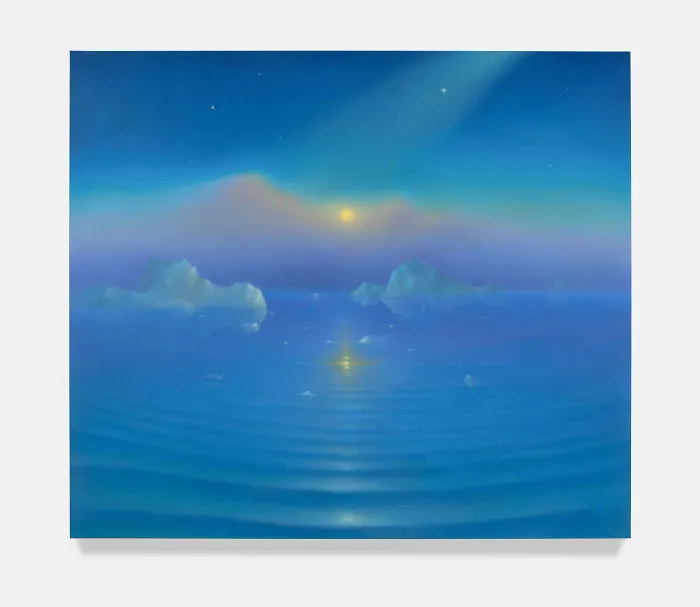Sarah Lee dreamy landscape with mountains, night sky, and reflective water