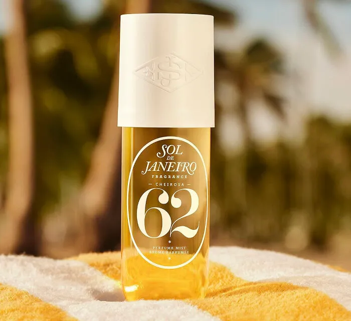 Sol de Janeiro perfume mist bottle on a beach towel, a top trending item for Amazon Big Deal Days