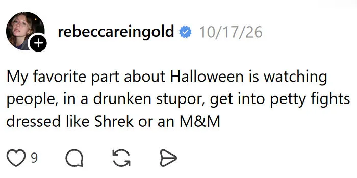 Funny Halloween posts about drunken fights in Shrek and M&M costumes.