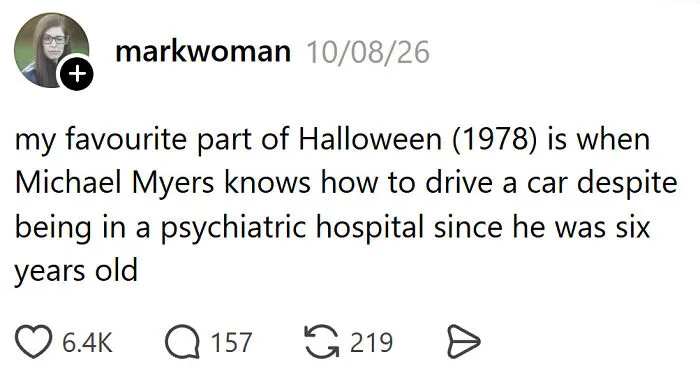 Funny Halloween posts about Michael Myers driving a car.