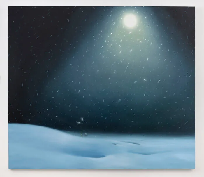 Sarah Lee artwork of snowy landscape under bright moon with snowflakes