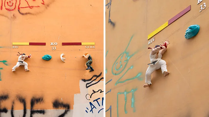 Street Fighter characters Ryu and Guile as creative art collective installations on city streets.