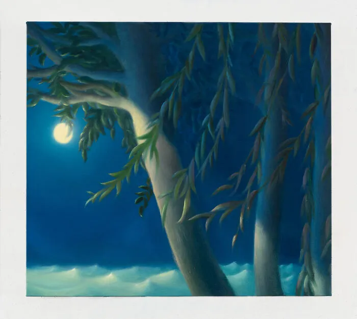 Sarah Lee artwork showing moonlit willow branches over a calm sea at night
