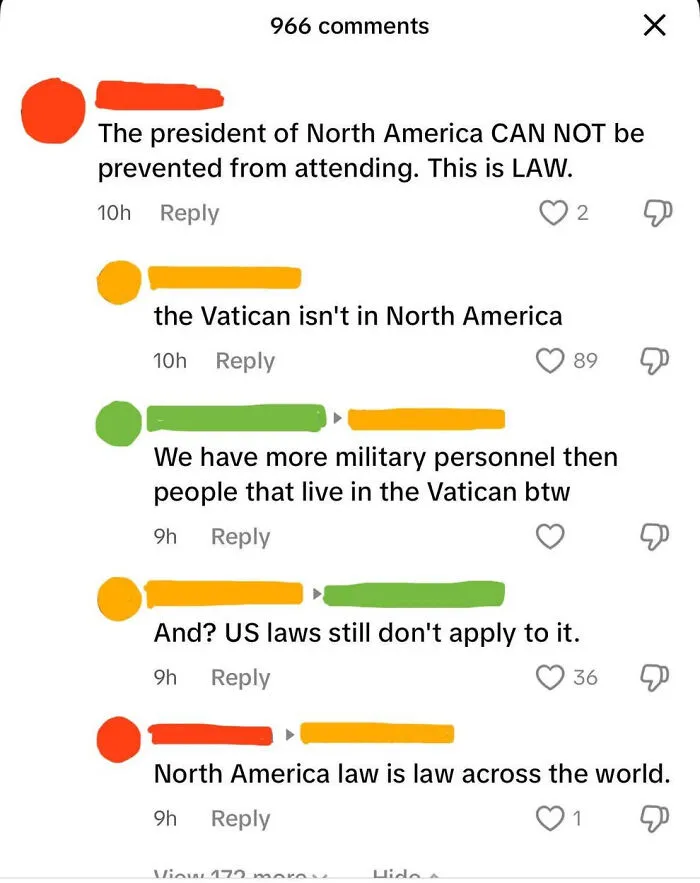 A comment section showing freedom of speech with someone claiming North American law applies across the world.