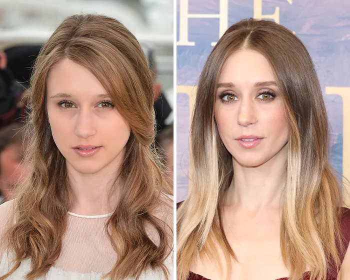 Side-by-side portraits of Taissa Farmiga showcasing possible blepharoplasty plastic surgery differences.