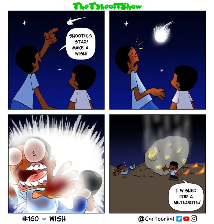 Comics by Mikal Malik featuring a father and son wishing on a falling meteor, capturing funny family life.