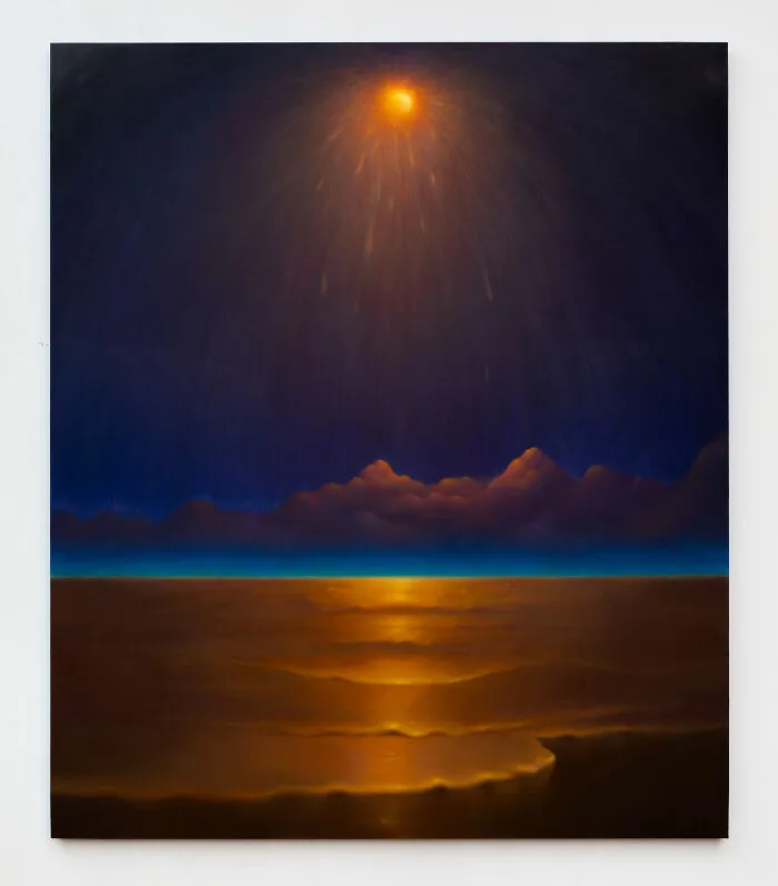 Sarah Lee painting of glowing light over dark ocean with clouds at horizon