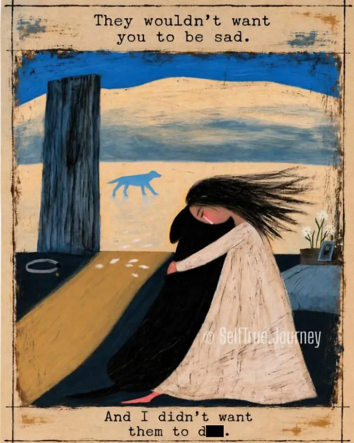 Artistic drawing of a woman hugging a black dog, conveying the pain of losing a beloved dog.