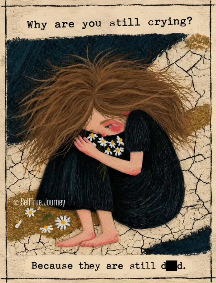 Illustration of a crying girl clutching daisies, portraying the pain of losing a beloved dog.