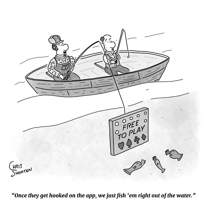 Single-panel comics by Chris Shorten featuring fishermen using a Free to Play sign to catch fish