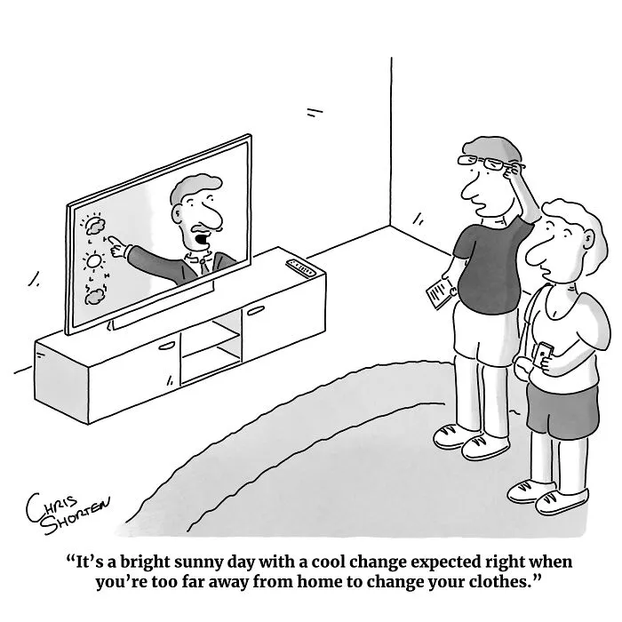 Single-panel comics by Chris Shorten depicting a couple watching a weather report about a sudden cool change