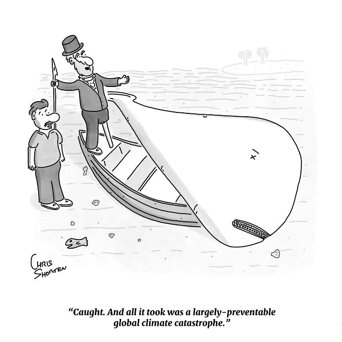 Single-panel comics satirical illustration of Captain Ahab standing on a beached whale next to a man on shore.