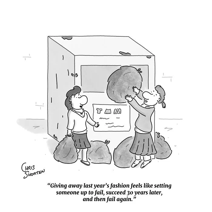 Single-panel comic by Chris Shorten showing two women donating bags of clothes at a clothing bin.
