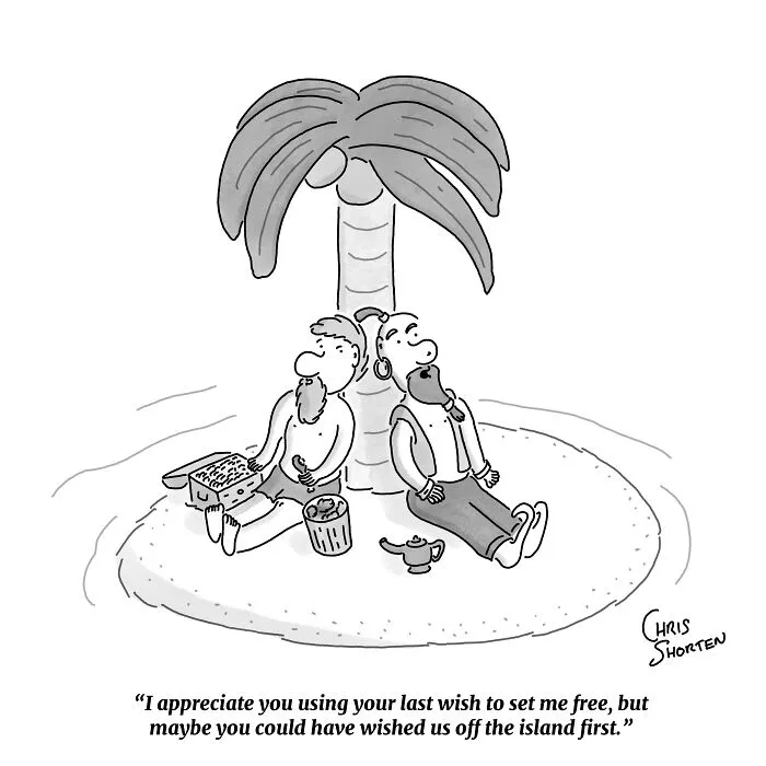 Satirical single-panel comics by Chris Shorten showing a genie and man relaxing on a tiny deserted island.