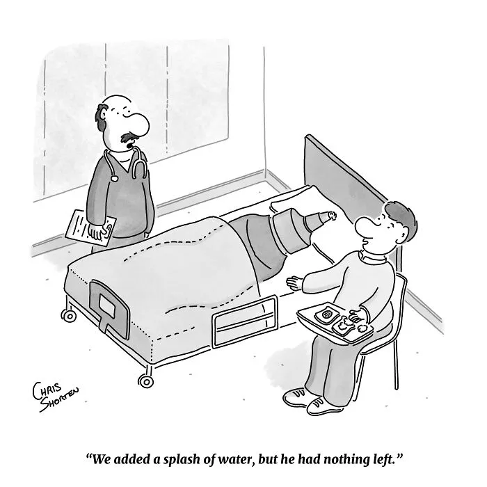 Chris Shorten single-panel comics featuring a doctor talking to a man sitting beside a large marker in a hospital bed.