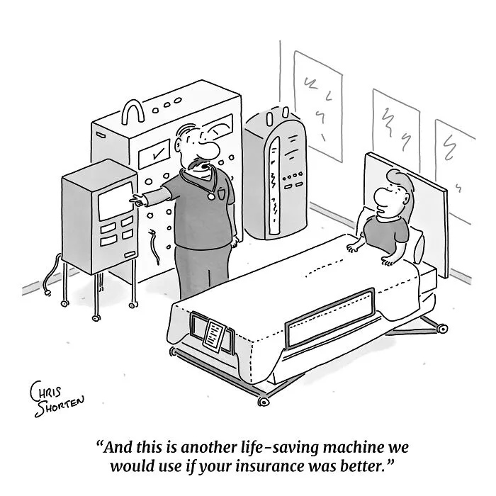 Single-panel comics by Chris Shorten showing a doctor pointing at medical equipment near a patient in a hospital bed.