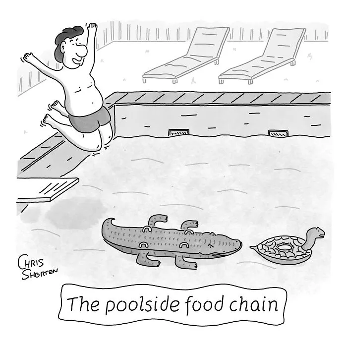 A funny single-panel comic by Chris Shorten showing a man jumping into a swimming pool with a crocodile and floatie.