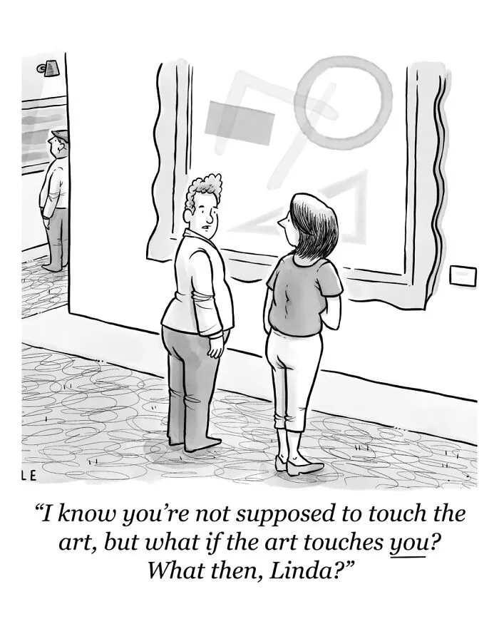 A black and white cartoonist illustration of a man and woman in an art museum looking at abstract artwork