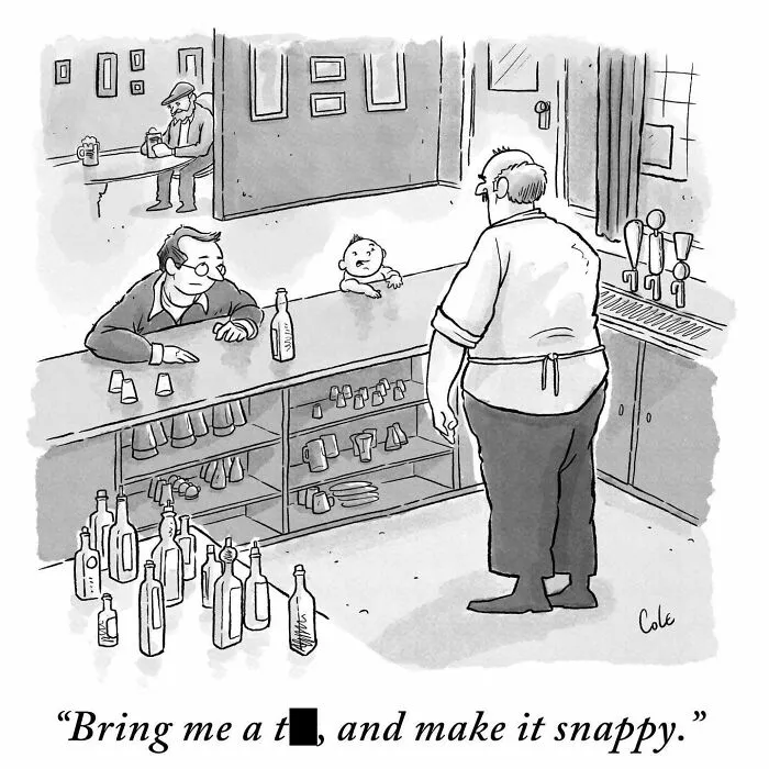 Funny cartoon depicting a baby sitting at a bar counter ordering a drink from a bartender.