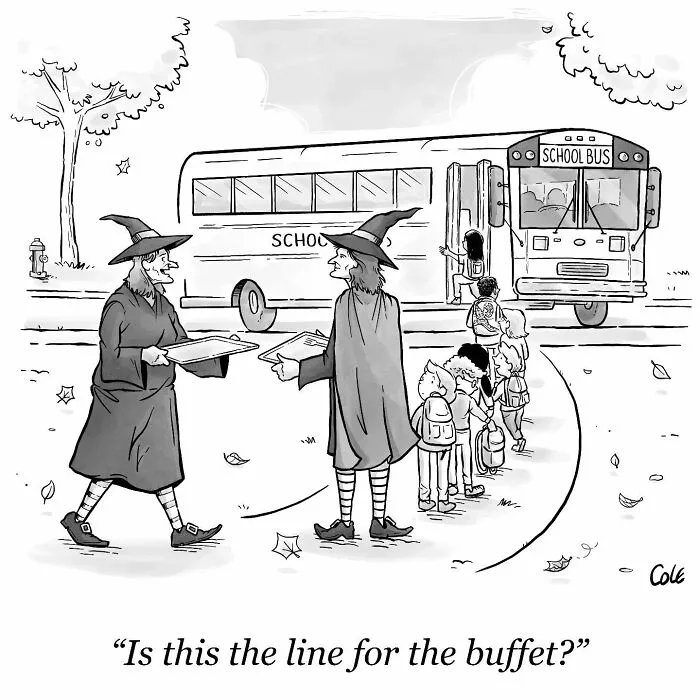 Funny single-panel comic about two witches with food trays standing near children boarding a school bus.
