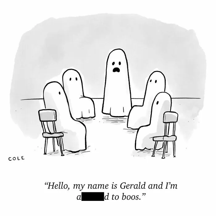 Single-panel cartoon showing sheet ghosts sitting in a support group circle.
