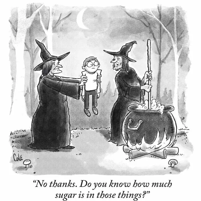New comic drawing showing two witches in a forest holding a child above a large brewing cauldron.