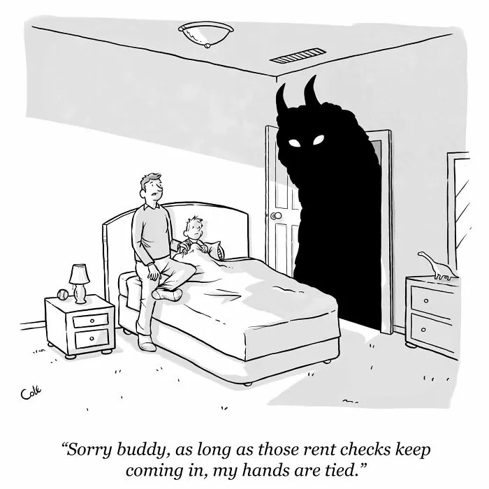 Humorous comic featuring a dad leaving his child in bed with a shadow monster in the doorway.