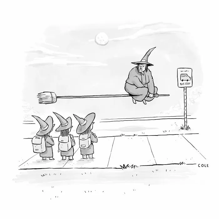 New comic showing a witch hovering on a broomstick at a school bus stop with little witches.