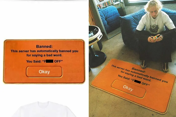 Orange server ban message door mat, early internet nostalgia real-life objects