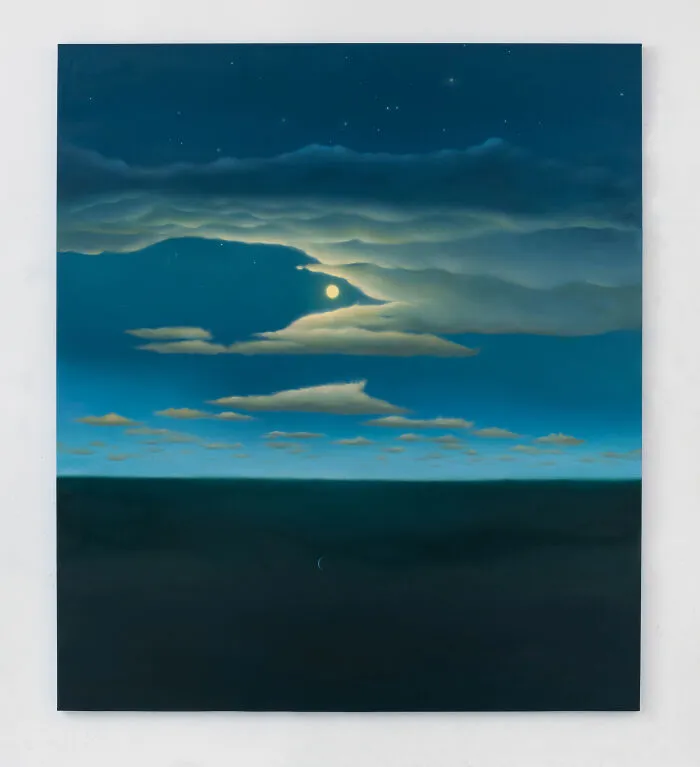 Sarah Lee painting of night sky with moon and layered clouds over dark horizon