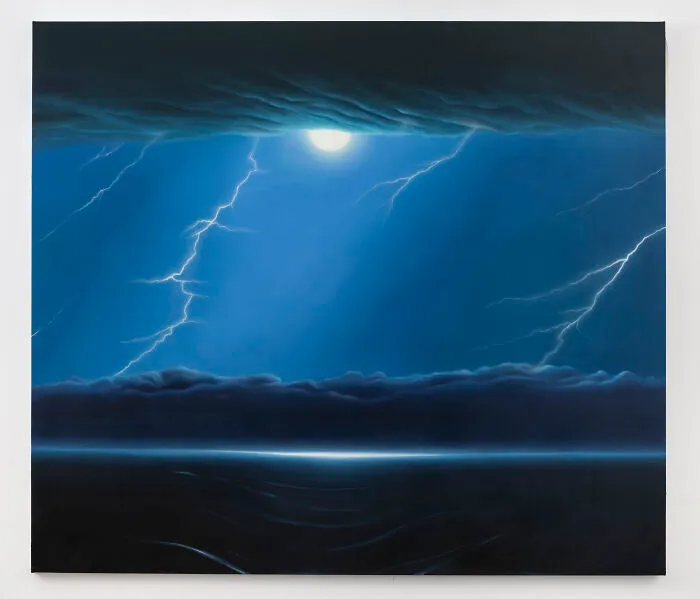 Sarah Lee stormy night painting with blue lightning and dark clouds